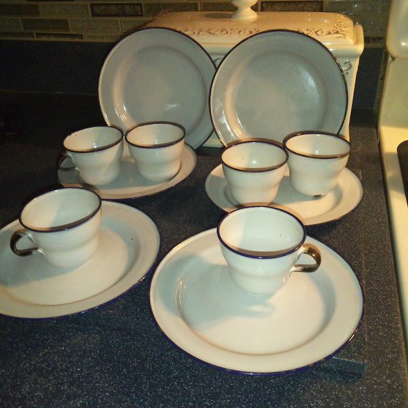Vintage tea set 6 plates 6 cups metal Sweden vintage blue white decor - Picture 2 of 8